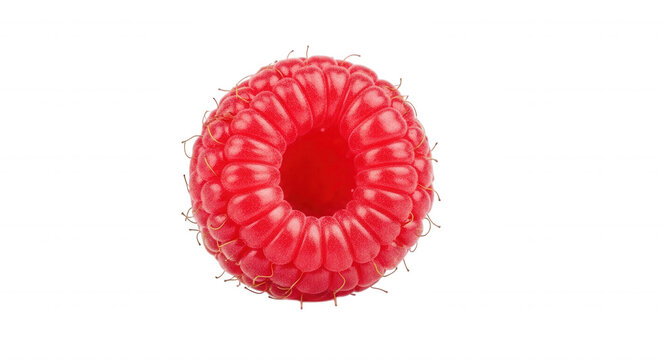 A single, ripe red raspberry centered against a solid black background, showing detailed drupelets and fine hairs on the surface of the fruit