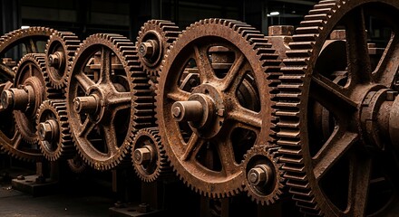 Obraz premium Intricate arrangement of rusty gears and cogs a steampunk inspired mechanical composition