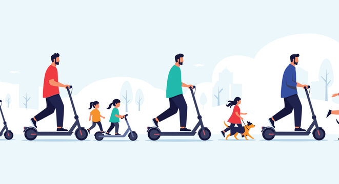 Diverse group of adults and young children riding modern electric scooters along a city path representing clean urban mobility.