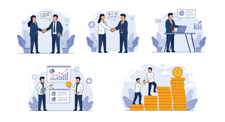 Fototapeta premium Set of business concepts featuring people shaking hands, analyzing financial data, presenting reports, and helping each other grow.