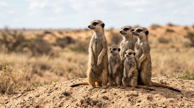 Family of meerkats standing alert in desert landscape