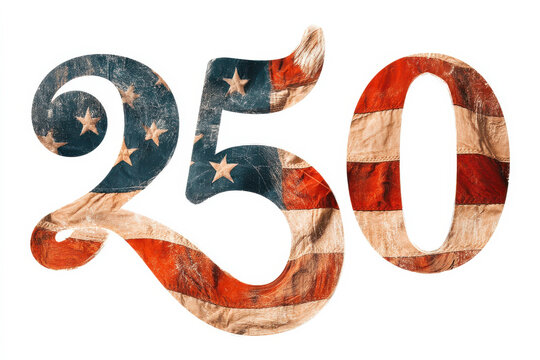 Vintage distressed 250 number with american flag texture celebrating 250 years of independence anniversary