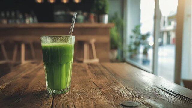 A glass of freshly squeezed juice sits atop a weathered wooden table in a cozy cafe setting with sunlight streaming in.