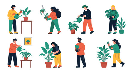 Fototapeta premium Diverse group of people engaged in indoor gardening and plant care, watering and potting various green houseplants in a home or studio setting.