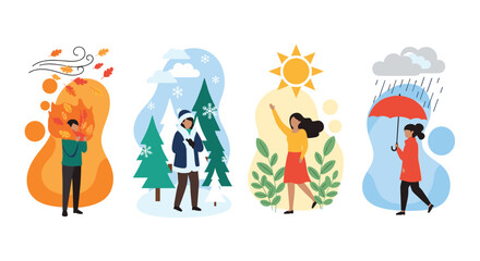 Fototapeta premium Four seasons illustration showing different weather conditions with characters dressed for windy autumn, snowy winter, sunny summer, and rain.
