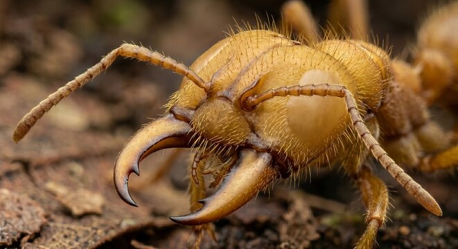 Extreme macro of army ant head with crescent shaped mandibles