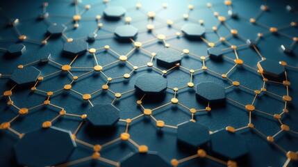Obraz premium Hexagonal grid connects points with glowing lines. Dark blue background creates depth, highlighting network structure. Futuristic concept.