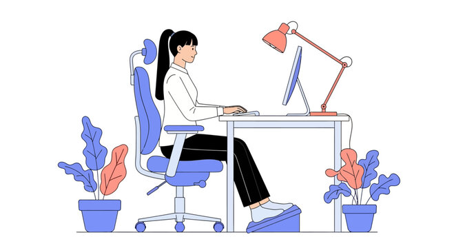 Woman working at a desk with proper ergonomic posture and footrest.