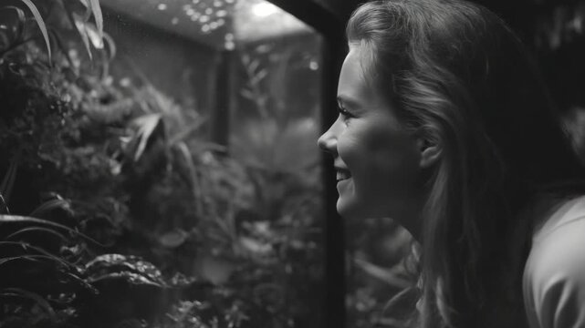 Smiling girl in indoor setting with aquarium