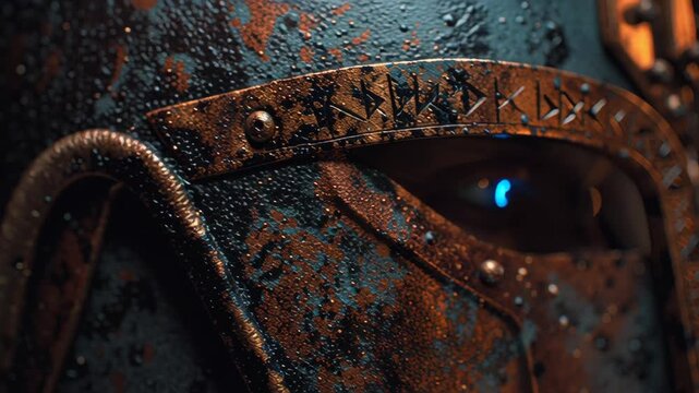 Extreme close up of a warrior wearing a rusted metal helmet with runes as eyes reflect orange light