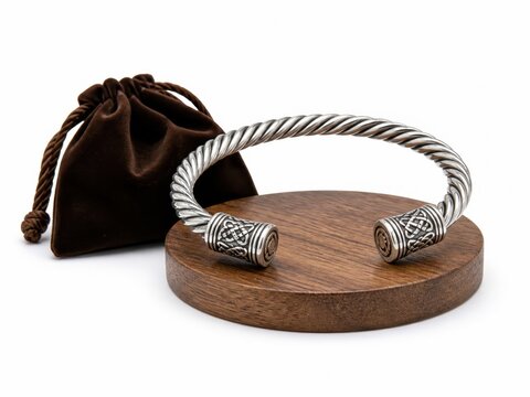 Viking and celtic handcrafted torc bracelet with engraved knotwork ends styled with a small velvet jewelry pouch and a circular wooden display base isolated on pure white background side angle view