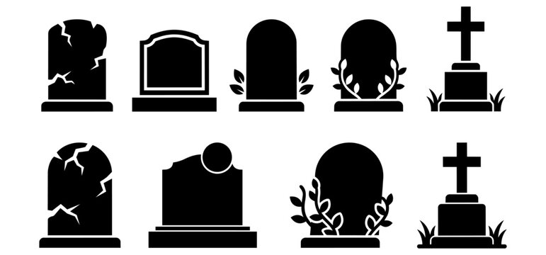 Gravestone and headstone silhouette icon set for halloween or cemetery design