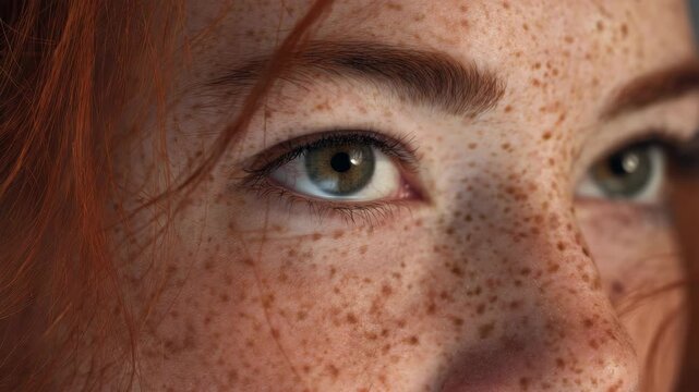 A detailed close-up tablet showing the face of an individual with freckled skin and vibrant red hair. The person's facial expression is neutral, focusing on the eyes and details of the skin texture.