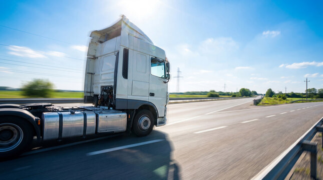 Sleek modern white semi-trailer truck cab speeding on a multi-lane highway under a clear blue sky, motion blur.