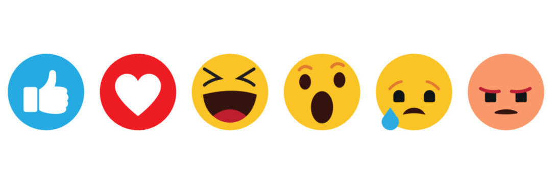 Emoji Reaction Icon Set, Flat Yellow Emoticons for Social Media, Chat Feedback Symbols with Thumbs Up, Heart, Smile,
 Sad and Angry Faces Vector Illustration