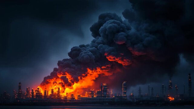 Black smoke rising from a burning oil refinery, dramatic industrial disaster scene symbolizing environmental pollution, crisis, and energy sector risk