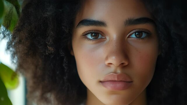 A close-up of a young woman's face showcasing her healthy complexion and vibrant hair.