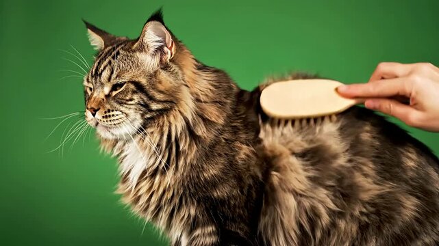 Person Brushing Maine Coon Cat Against Vibrant Green Background Focusing on Grooming Action and Pet Affection