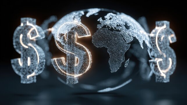 Digital dollar currency symbols orbiting a glowing holographic earth globe representing global financial markets connectivity and international wealth transfer services