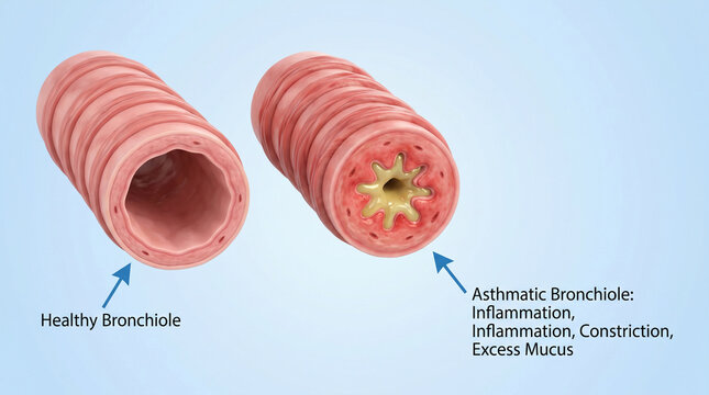 Asthmatic Bronchiole Inflammation Mucus And Airway Constriction