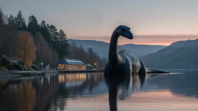 Brontosaurus standing by a river near a village, prehistoric scene blending ancient dinosaur with human settlement in a natural landscape