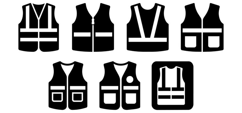Work safety vest and high visibility jacket vector icon set