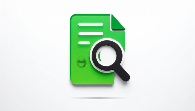Green document with magnifying glass and shadow on white background paper search