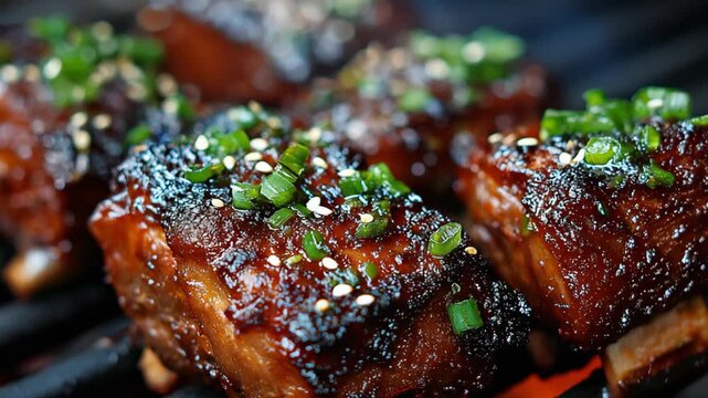 Close up barbecue beef ribs on a rack, juicy meat with smoky glaze, rich texture and intense heat from grilling in a delicious cooking scene