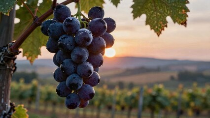 Fototapeta premium Fresh Purple Grapes on Vine at Sunset in Vineyard
