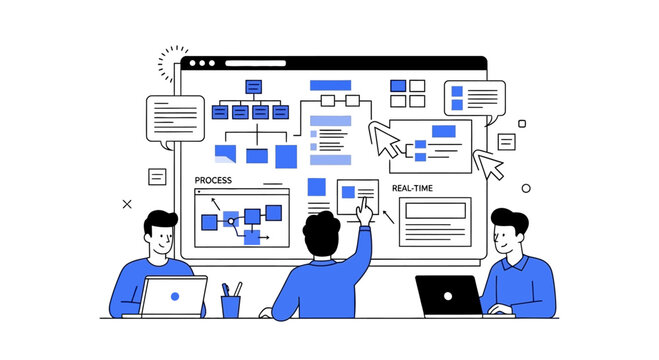 Three professionals collaborating on software architecture design and data flow analysis.