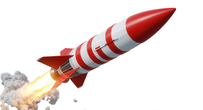 A red and white striped rocket ship launching into space with a bright orange exhaust flame and thick white smoke clouds on a black background