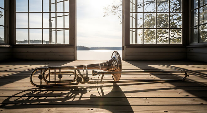 Brass trombone on wooden floor with lake view in background indoors