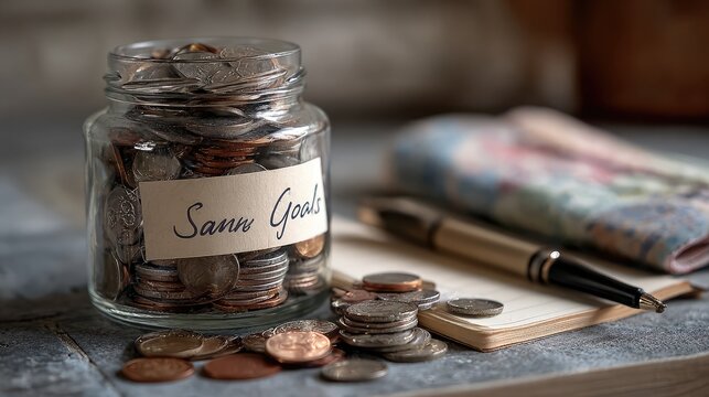 Glass jar filled with metallic coins labeled saving goals placed beside a notebook and pen on a textured surface for financial planning and wealth management