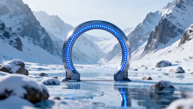 Futuristic portal in snowy mountain landscape