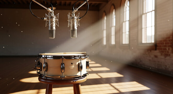 Snare drum, microphones, and sunbeams in a rustic studio space