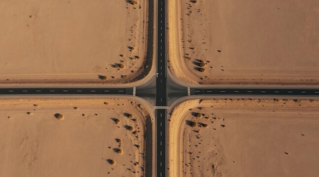 Aerial view of an empty road intersection in a vast, barren desert landscape. The crossroad forms a perfect shape in the sandy terrain. This illustration shows a path for travel and connection.