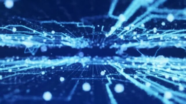 A wide-angle digital push-in video through vast, ethereal cyberspace, glowing data streams & crystalline forms against blue-purple gradient, depicting limitless potential concept