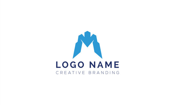 Abstract m initial letter logo design in blue geometric shape with branding
