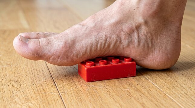 Close up of a person's foot stepping on a red plastic toy building block on a wooden floor
