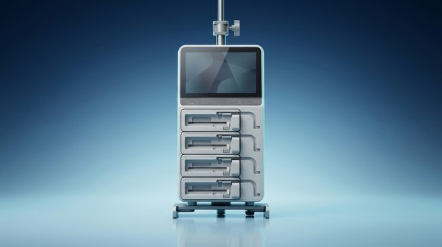 Multi channel infusion pump 3D render, ICU medication delivery system visualization, hospital IV pump array model, clinical multi line infusion device