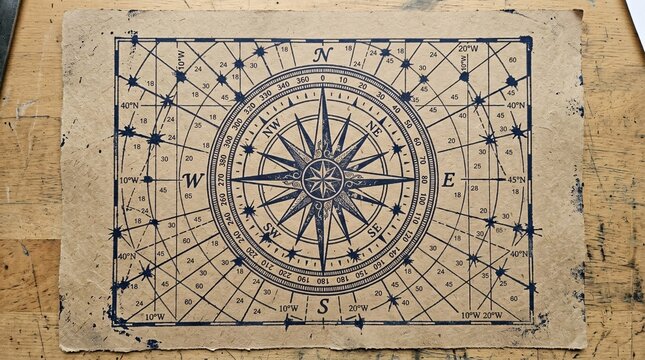 A stencilled compass rose is depicted on a worn cardboard background with grid lines and directional arrows.