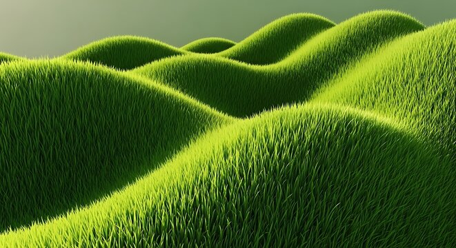 Abstract 3d render of rolling green grass hills landscape with soft lighting and natural texture