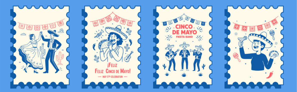 festive Cinco de Mayo celebration card set featuring traditional dancers band and decorations for party invitations