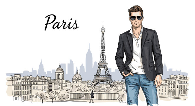 Stylish young man wearing sunglasses and a blazer standing in front of a sketch of the Eiffel Tower and the beautiful Paris city skyline.