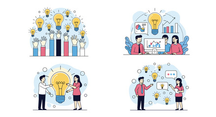 Fototapeta premium Collection of business scenes showing people brainstorming and generating bright creative ideas represented by giant yellow light bulbs.