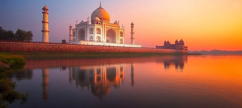 Breathtaking View of the Taj Mahal at Sunset Reflecting in the Tranquil Waters of the Yamuna River