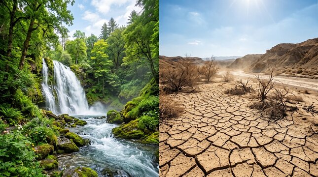 Juxtaposition of Life and Desolation: A captivating split-screen presents a stark contrast between lush waterfall with verdant life and arid cracked earth, symbolizing nature's duality.
