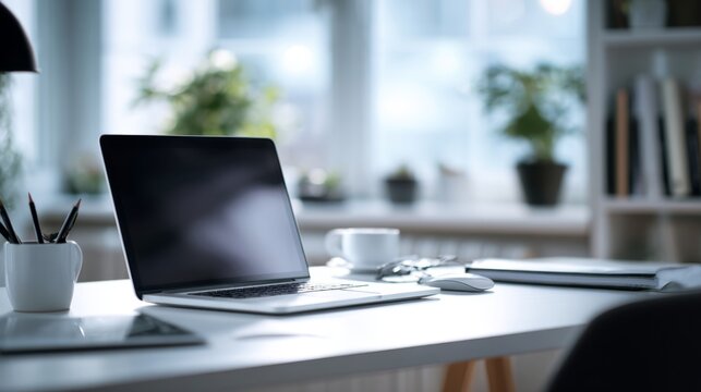 Modern home office workspace with laptop stationery and plants for productivity and creativity. Ideal for remote work and inspiration in a stylish environment. Generative AI