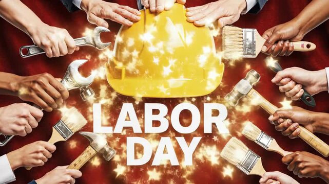 Labor Day concept with yellow hard hat, tools, and diverse hands