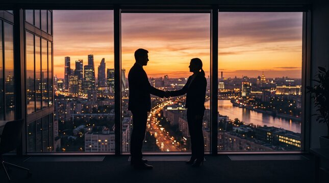 Business Deal at Sunset: Silhouetted against a vibrant sunset and city skyline, two professionals shake hands, sealing a deal in a high-rise office, symbolizing partnership and accomplishment.